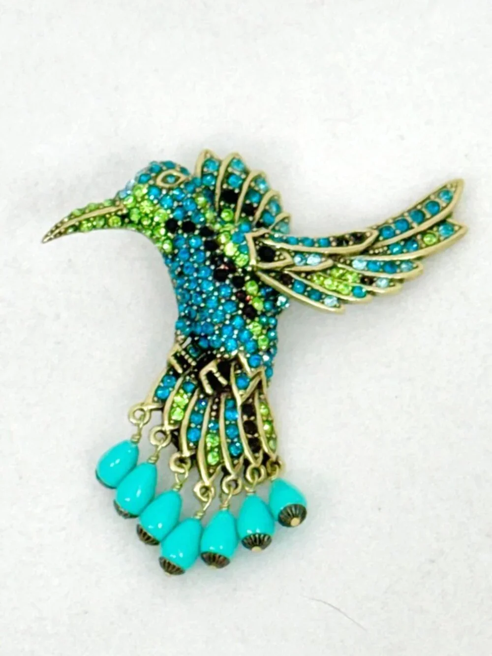 Heidi Daus Hummingbird Combo Brooch Rhinestone Embellished w/Dangling Beads